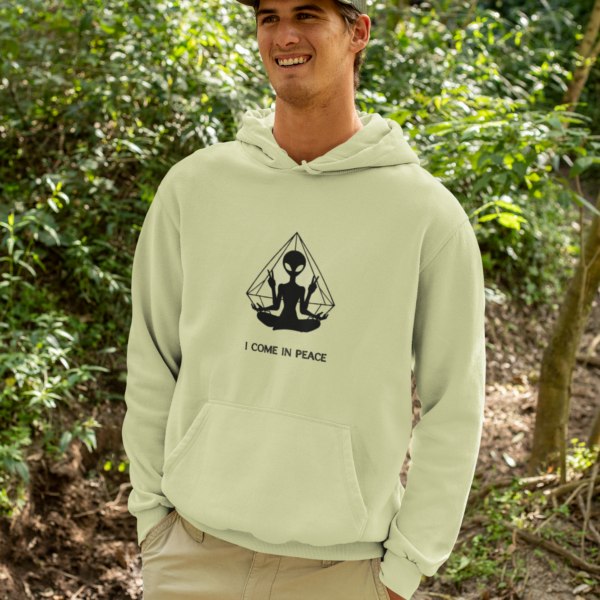 Hoodie — Minimal 'I Come in Peace' Alien Meditation Graphic
