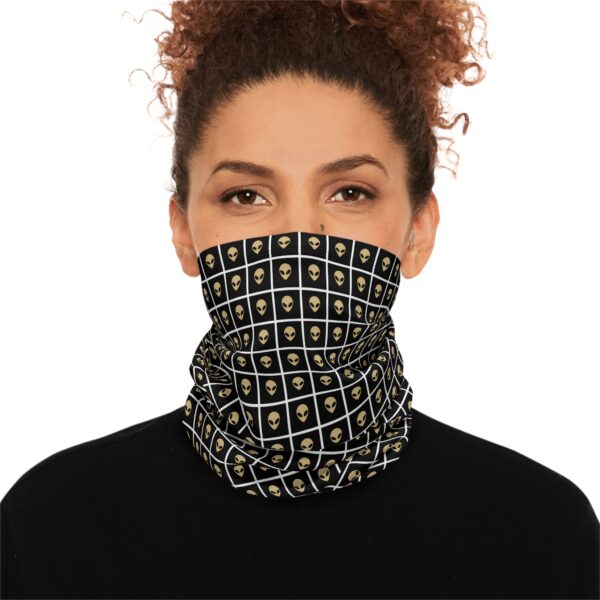 Gold on Black Alien Face Mask Neck Gaiter — Winter Grid Pattern with Drawstring