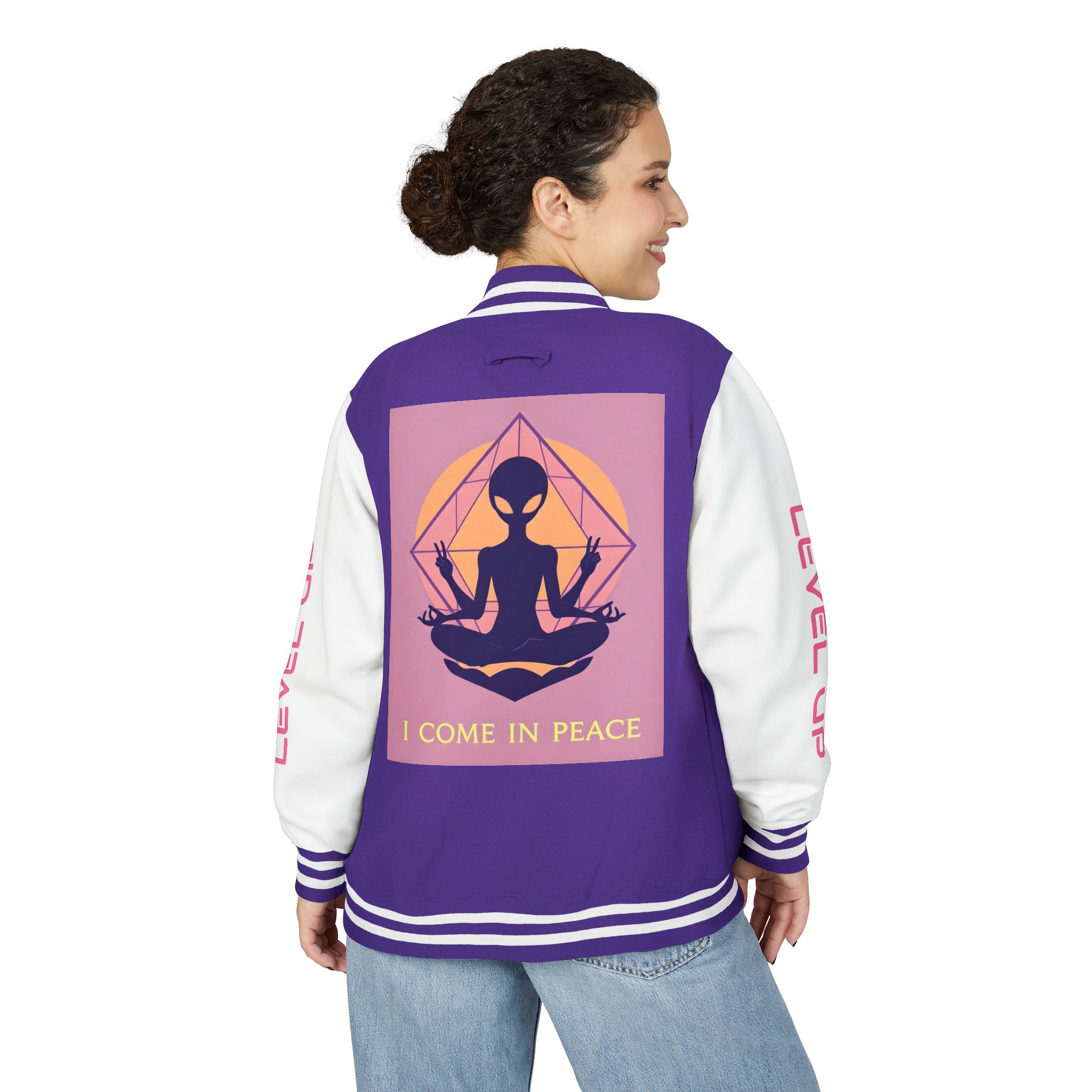 "I Come in Peace" Yogi Alien Varsity Jacket - Image 4