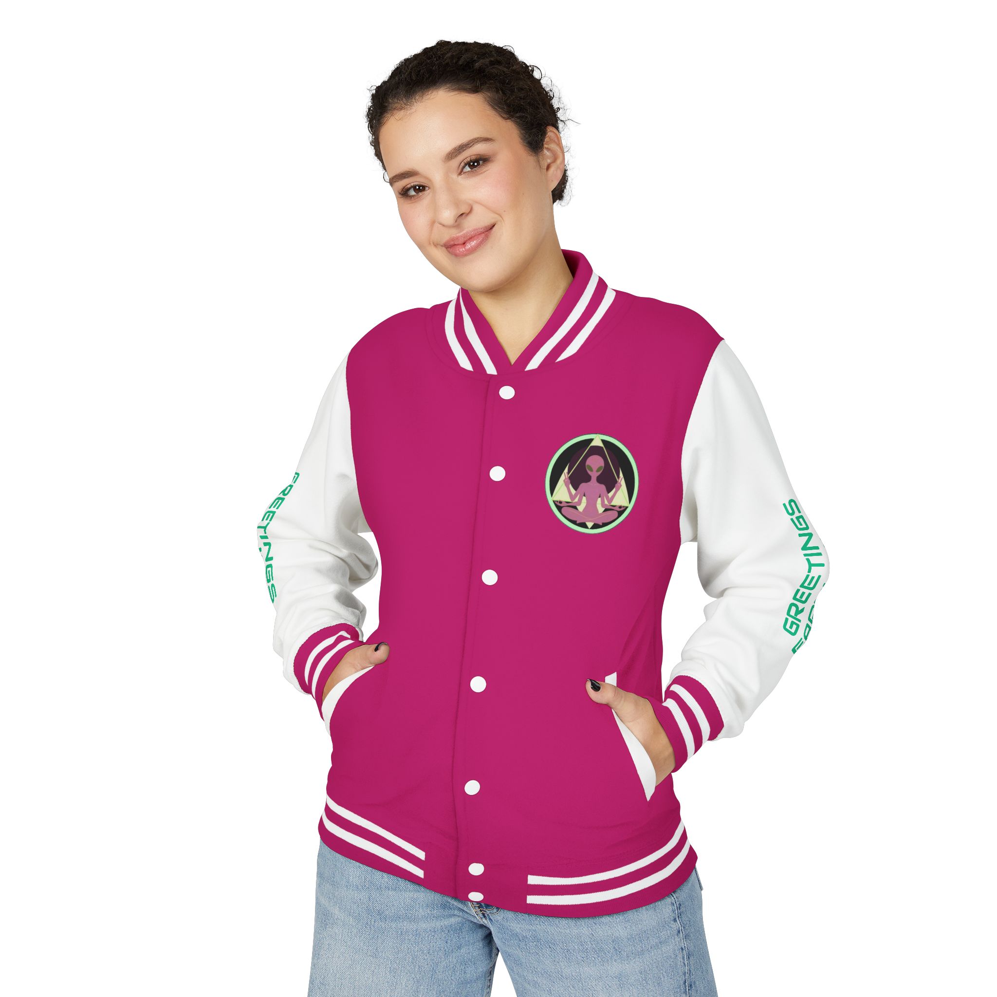 "Greetings Earthlings" Alien Varsity Jacket - Image 3