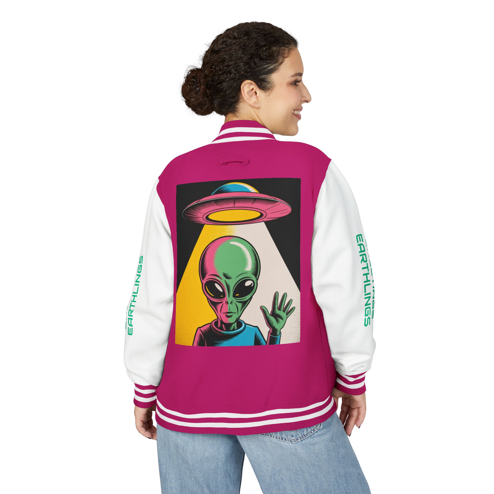 "Greetings Earthlings" Alien Varsity Jacket - Image 4