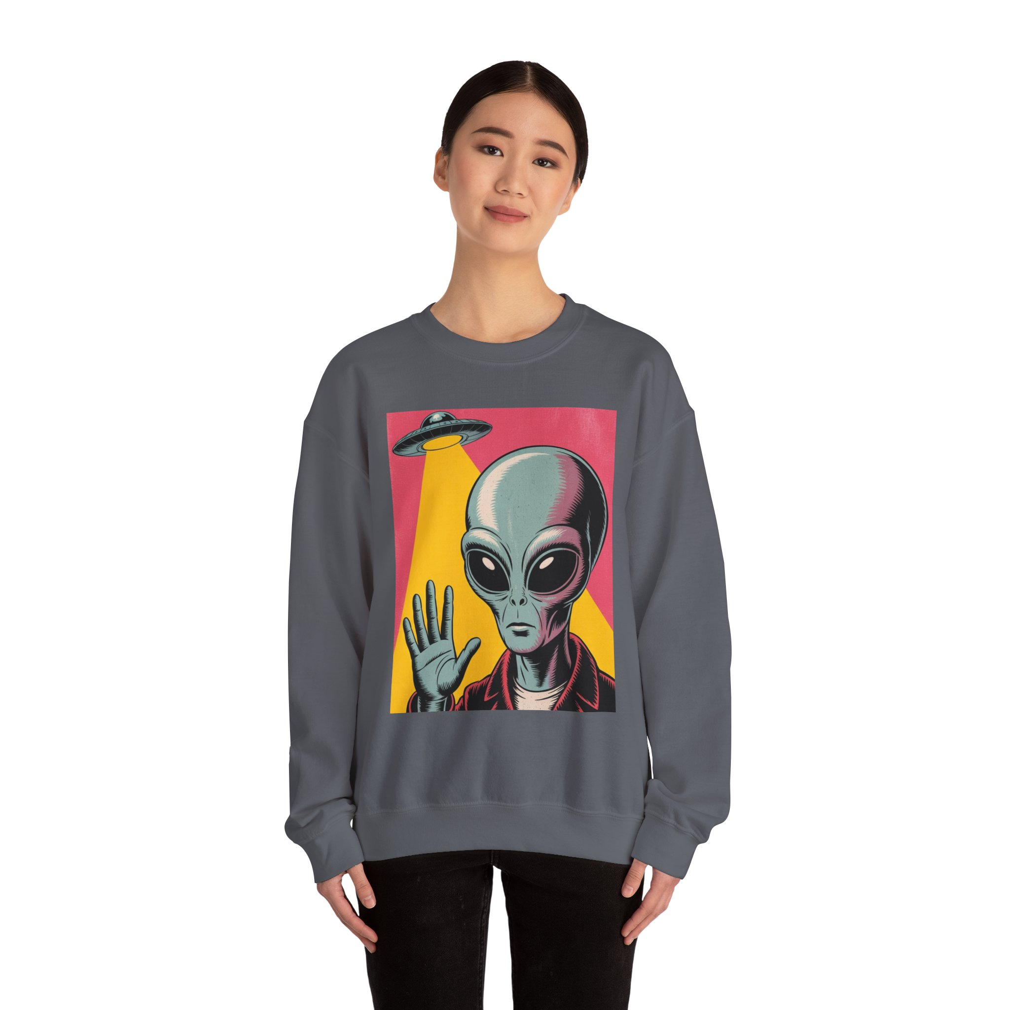 Alien Greeting Crewneck Sweatshirt — Retro UFO Art - Image 27
