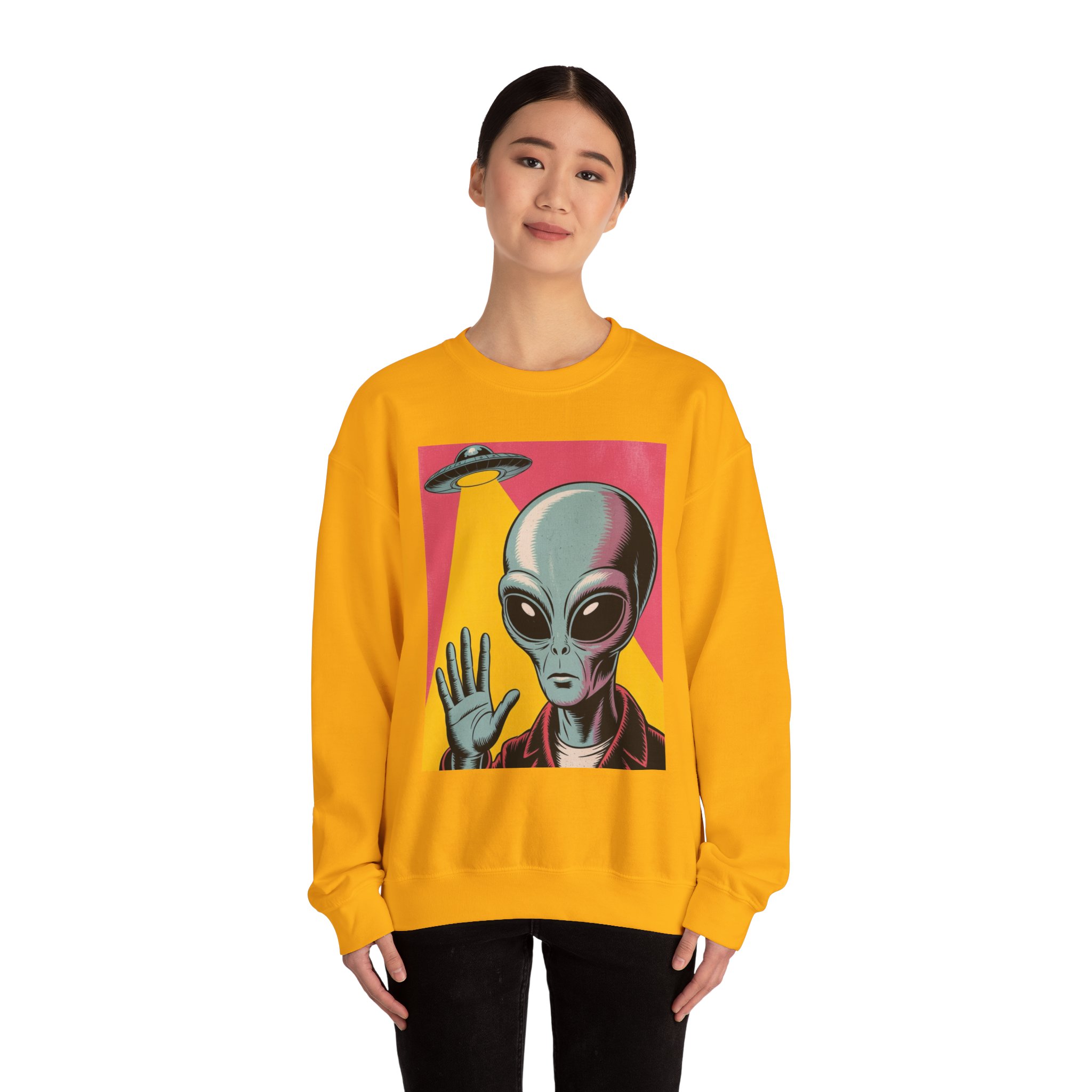 Alien Greeting Crewneck Sweatshirt — Retro UFO Art - Image 15
