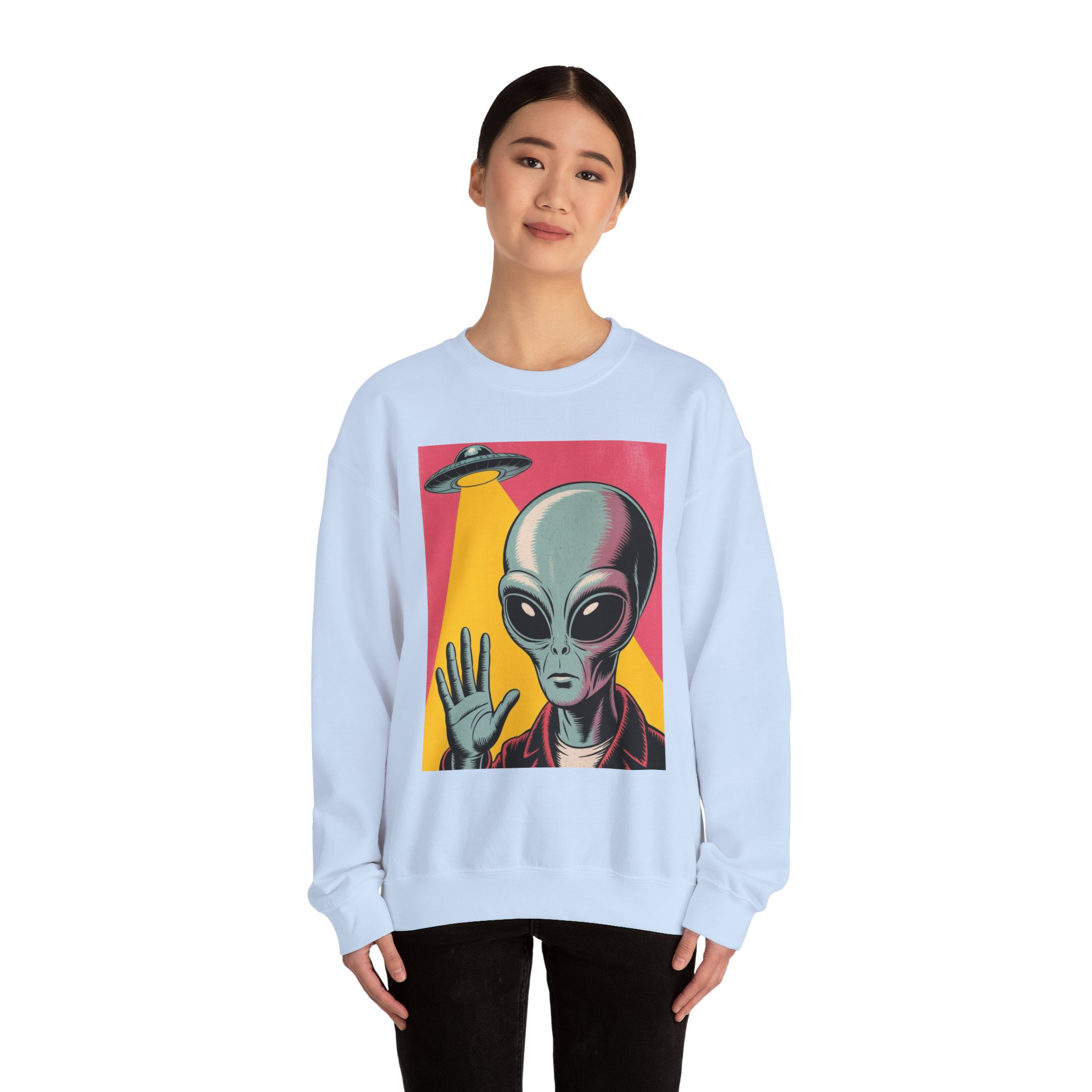Alien Greeting Crewneck Sweatshirt — Retro UFO Art - Image 21