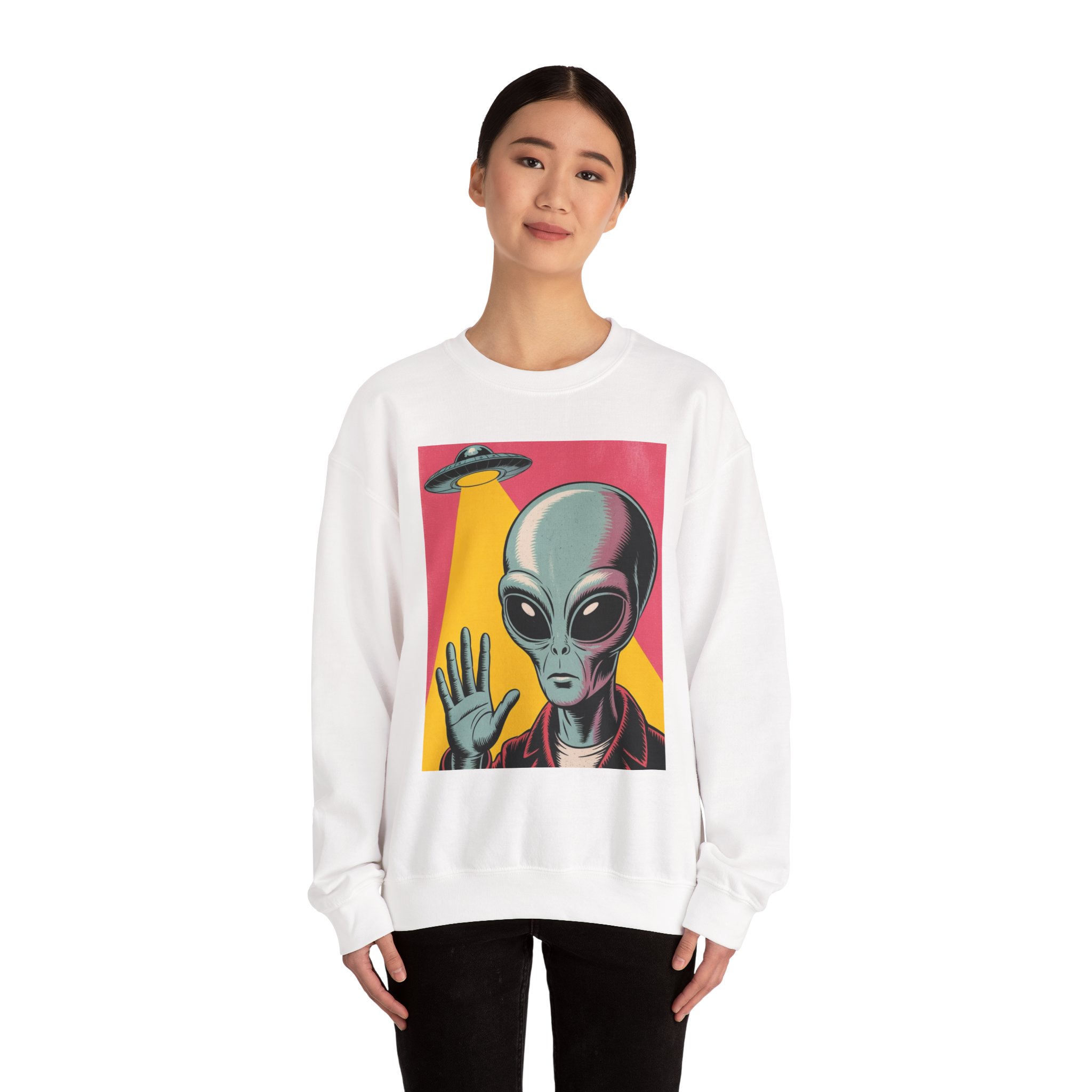 Alien Greeting Crewneck Sweatshirt — Retro UFO Art - Image 3
