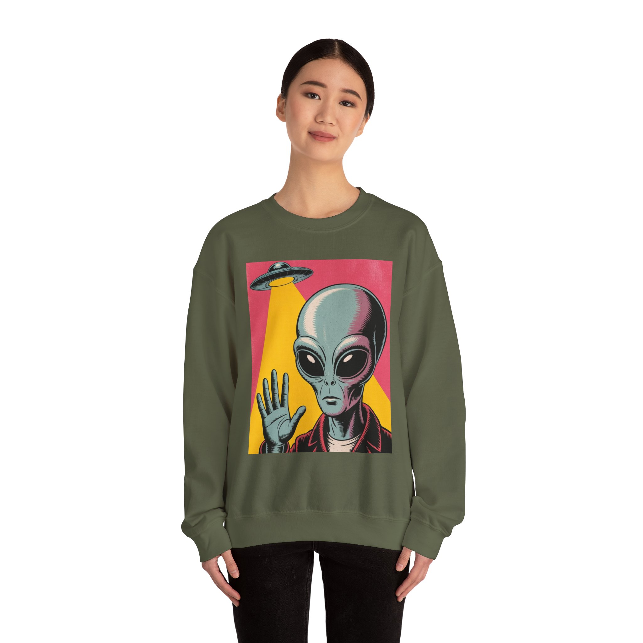 Alien Greeting Crewneck Sweatshirt — Retro UFO Art - Image 18