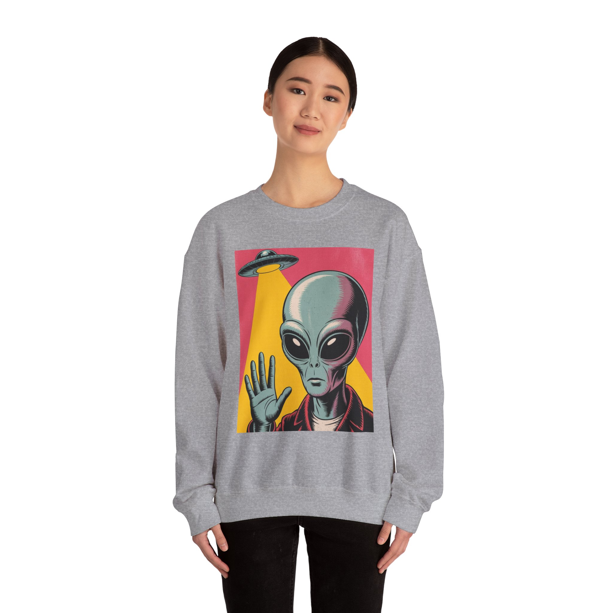 Alien Greeting Crewneck Sweatshirt — Retro UFO Art - Image 12