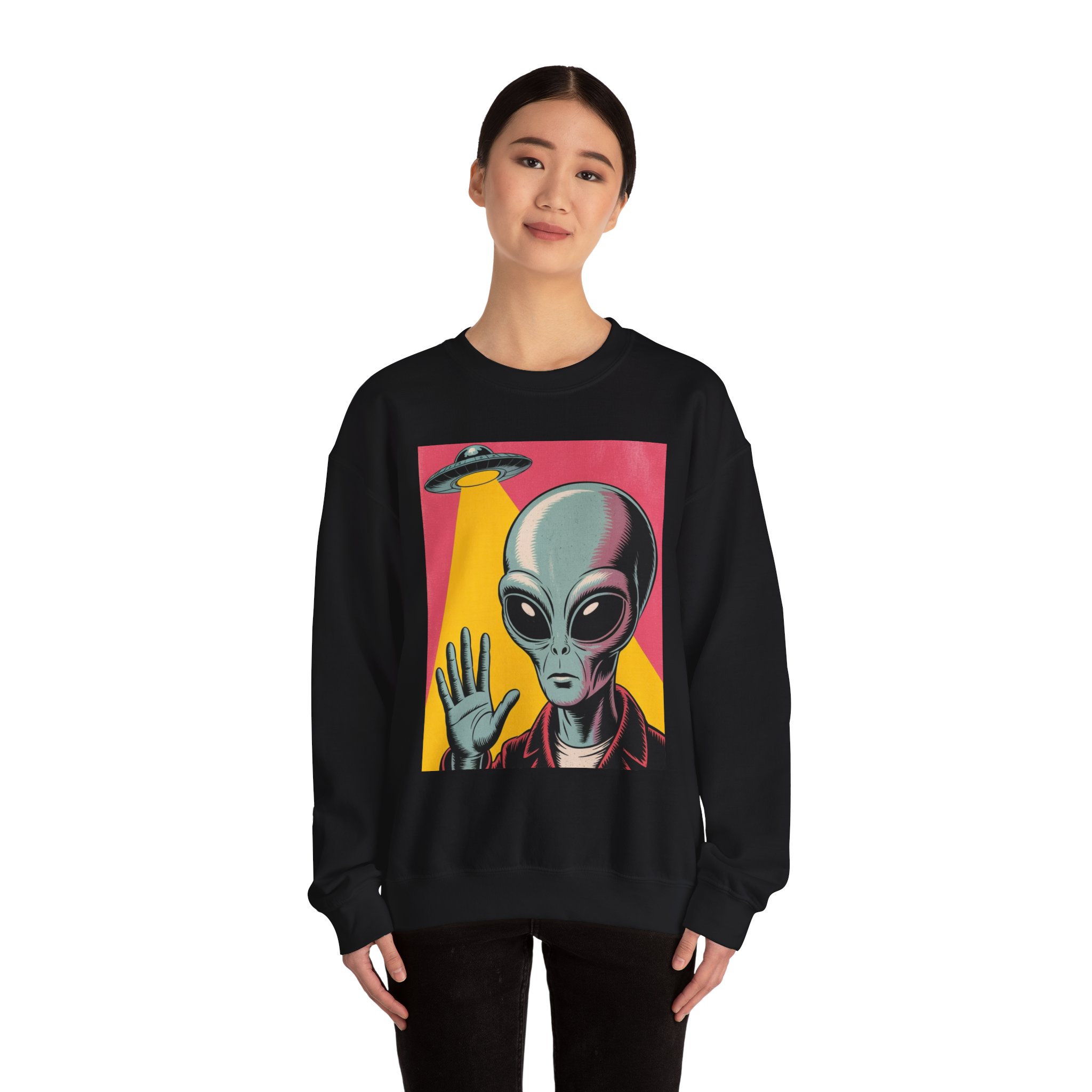 Alien Greeting Crewneck Sweatshirt — Retro UFO Art - Image 6