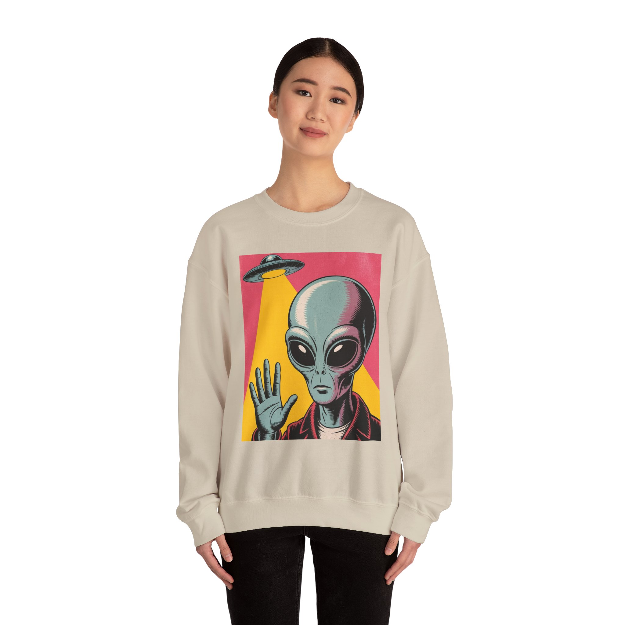 Alien Greeting Crewneck Sweatshirt — Retro UFO Art - Image 9
